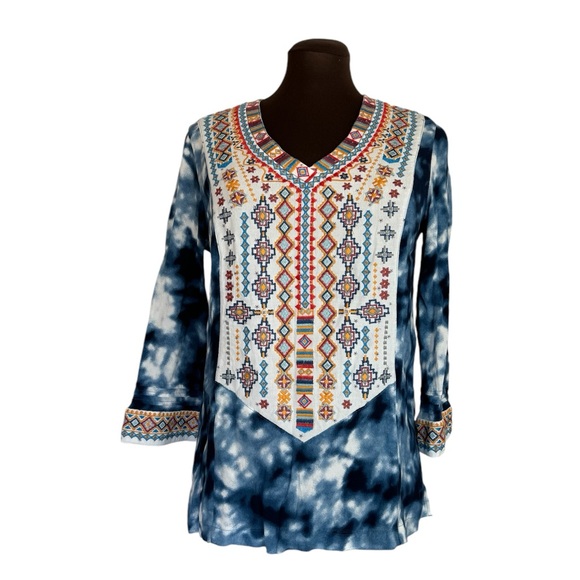 John Mark Embroidered V-neck BOHO Colorful Blouse - Picture 1 of 10